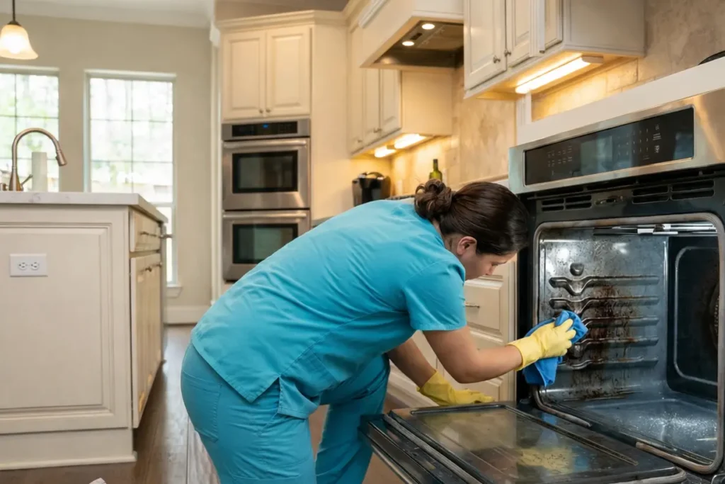 Professional cleaner detailing inside oven during deep cleaning service in The Woodlands, TX