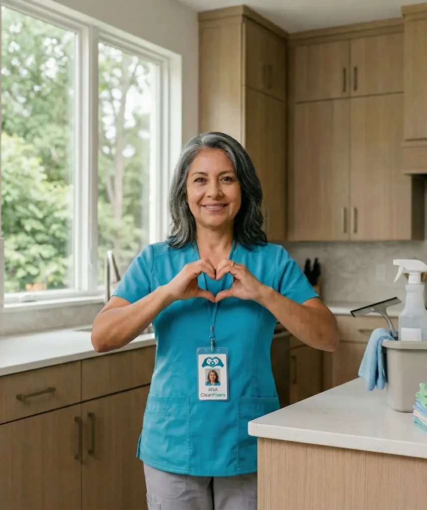 House cleaner in The Woodlands making a heart gesture, CleanFixers professional in turquoise uniform