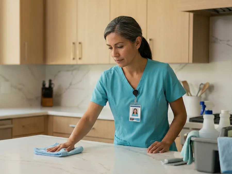 Professional house cleaner in turquoise uniform for recurring home cleaning service in The Woodlands, TX